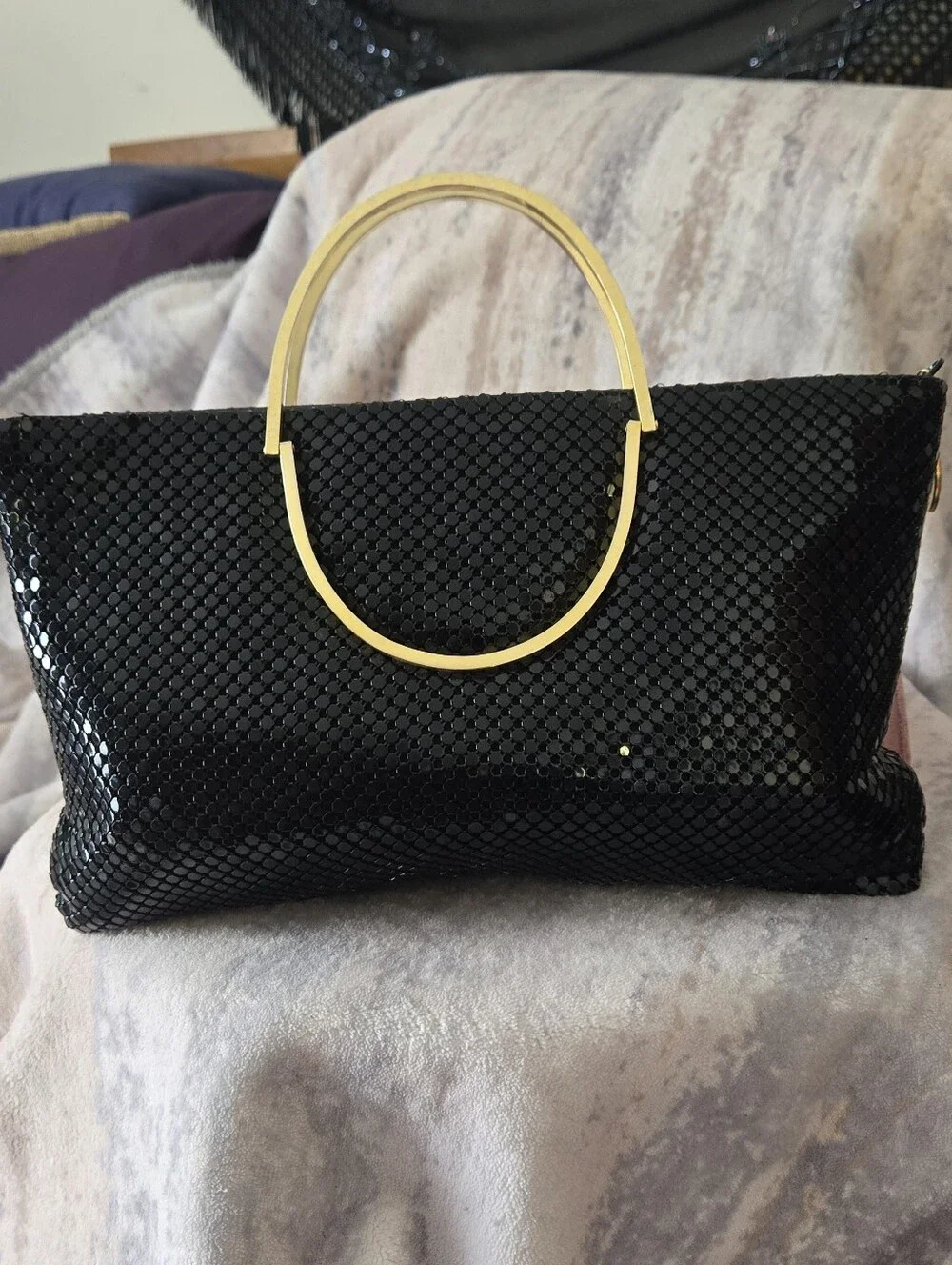Black Metal Mesh Evening Bag Gold Ring Handle Chainmail Clutch Purse